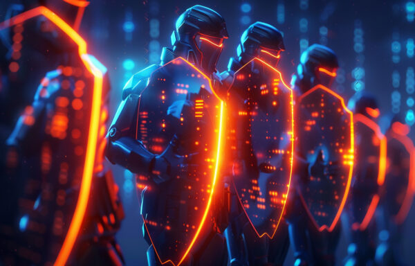 CISO as a Service warriors in digital armor, deflecting phishing attacks with glowing shields in cyberspace.